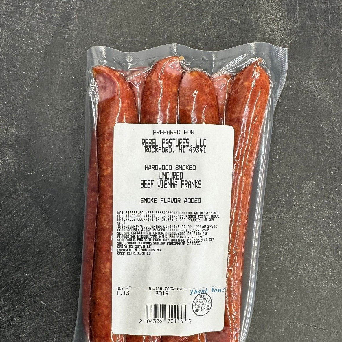 Grassfed Beef - Beef Vienna Franks - Hardwood Smoked (Uncured, Avg 1.13lbs) - Rebel Pastures