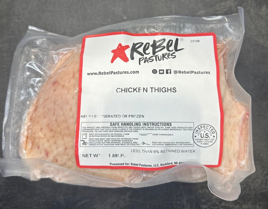 Chicken - Pastured Chicken Thighs-Bone in, Skin on (4 pack 1.5lb avg) - Rebel Pastures