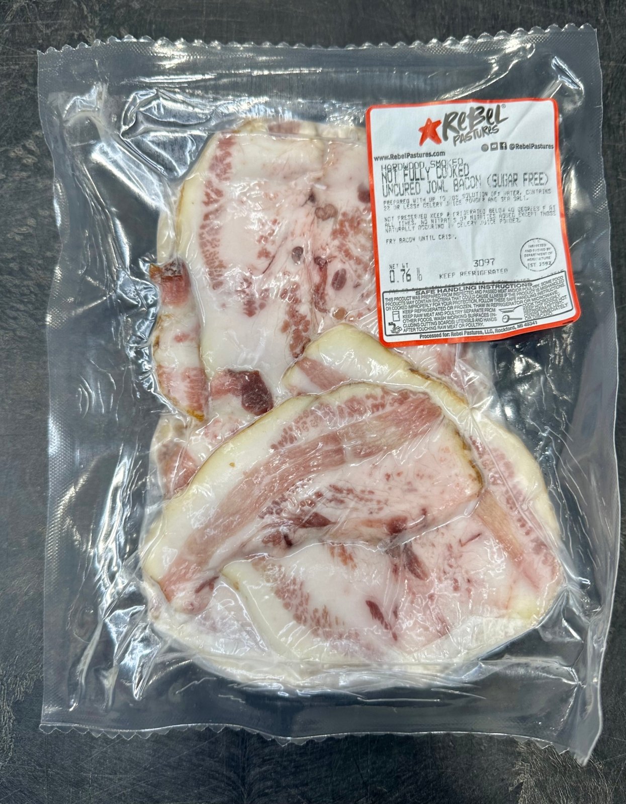 Pork - Pastured, Smoked Jowl Bacon (12 oz) - Rebel Pastures
